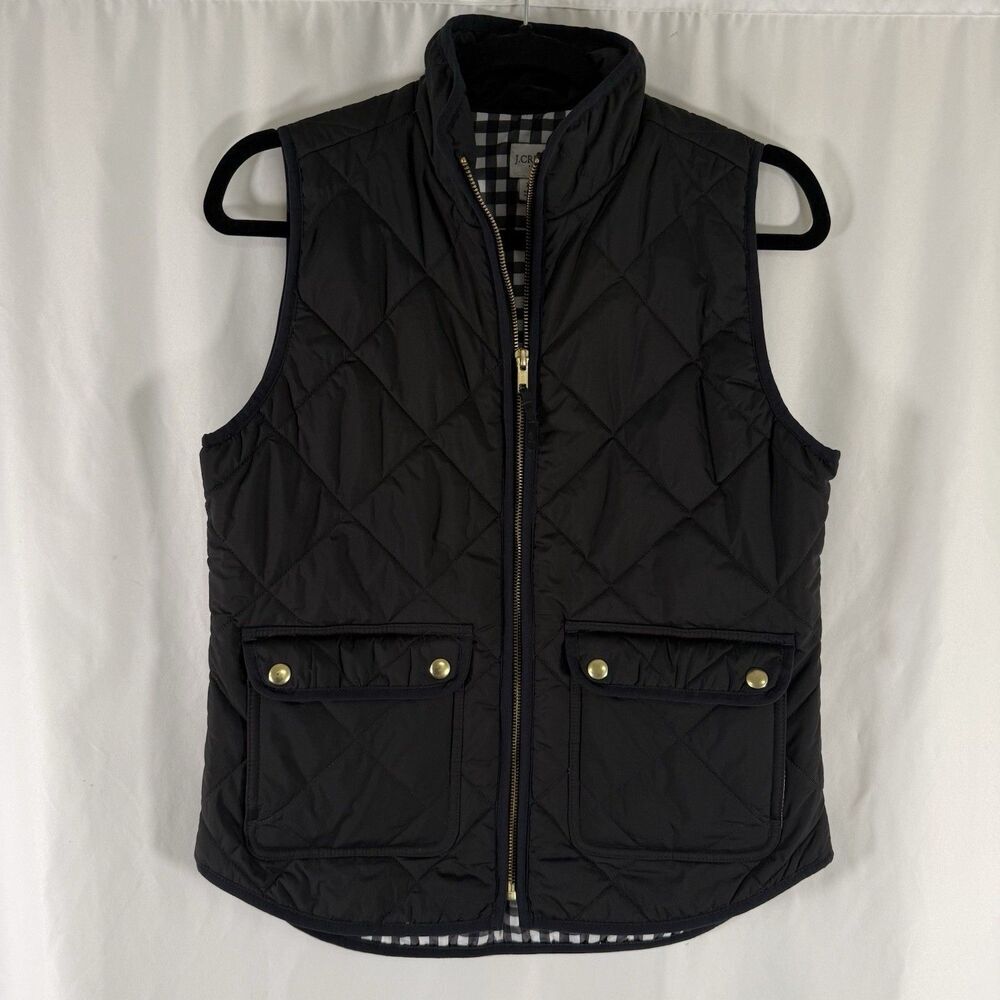 J. Crew Puffer Vest Women's XS Solid Black Full Zip Snap Pockets Polyester